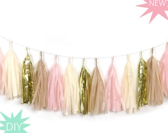 DIY Tassel Garland Kit - Blush Pink and Gold Decor, Boho Rainbow Tassels, Boho Rainbow Party Decor, Boho Rainbow Balloon Tail