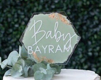 Custom Acrylic Cake Topper - Sage Cake Topper, Baby Shower Cake Top, Baby Shower Cake, Diaper Cake Decor, Gold Cake Topper, Baby Name Cake