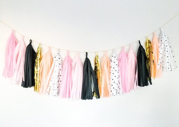 Pink Peach Black And Gold Tassel Garland Banner Peach And