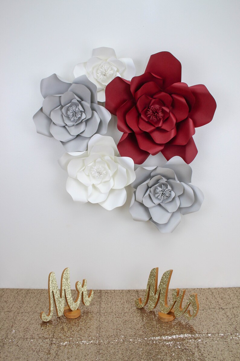 Burgundy Gray White Flower Set Of 4 Paper Flower Wall Etsy