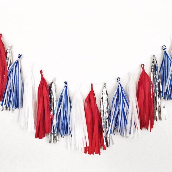 Red White and Blue Tassel Garland - 4th of July Tassel Garland, Labor Day Decor, Patriotic Decor, American Flag, Red White Blue Decor