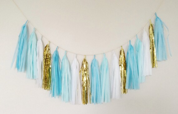 Ombre Blue And Gold Tassel Garland Sky Blue Mint Blue Tassel Garland Baby Boy Cake Smash Decor Boy Gender Reveal Ombre Blue Decor