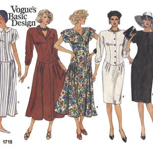 May include: A Vogue's Basic Design sewing pattern envelope, number 1715, featuring illustrations of five different dress styles. The designs include a striped dress, a solid red dress, a floral print dress, a white dress, and a black dress.