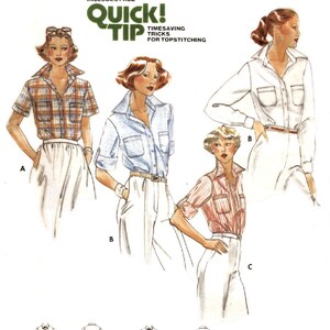Puede incluir: Patrón de costura Butterick vintage 5859, talla 8, con ilustraciones de camisas con cuello y bolsillos. El patrón incluye un "Quick Tip" para pespuntes. El diseño muestra diferentes estilos de camisas.