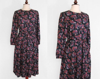 Mini-floral on black print challis drop-waist dress