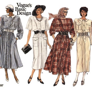 Puede incluir: Ilustración de cinco mujeres con vestidos del patrón Vogue's Basic Design 1497. Los vestidos presentan varios estilos, incluyendo lunares, rayas y cuadros. Cada vestido está adornado con cinturones y sombreros. La imagen incluye el texto "Vogue's Basic Design" y "1497".