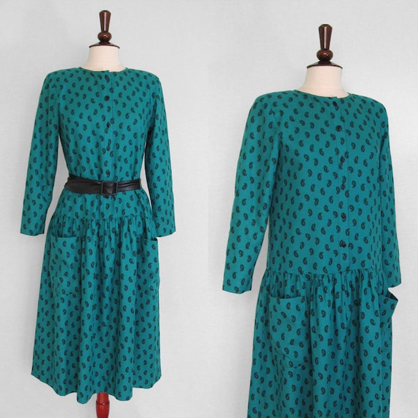 Teal print drop-waist button front dress