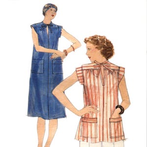 May include: Vintage Butterick sewing pattern featuring two women's fashion illustrations. One woman is in a blue dress with pockets, the other in a red and white striped top and white pants. The pattern number is 4775.