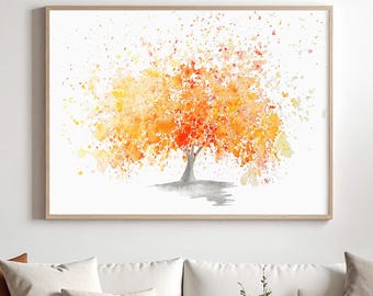 Framed Art Poster in Orange Red & Yellow Tones, Giclee Print of Abstract Watercolour Tree Painting, Minimalist Wall Art Home Decor