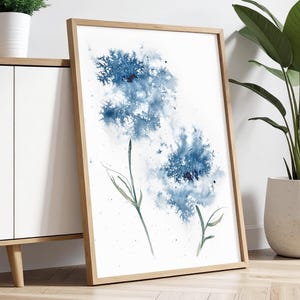 Blue Flower Minimalist Wall Art Print Nature Inspired Abstract Wall Decor in Navy Botanical Modern Floral Poster Scandinavian Style