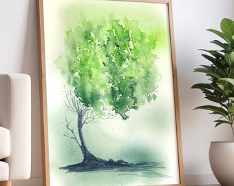Kunstdruck Aquarell Baum: Grünes abstraktes botanisches Wanddekor