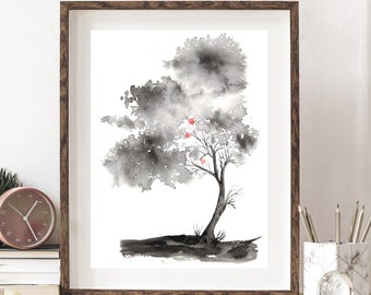 Black and White Painting with Red, Print of Original Watercolour Tree Painting, Poster Print Nature Wall Art, Large Home Decor Wall Hangings