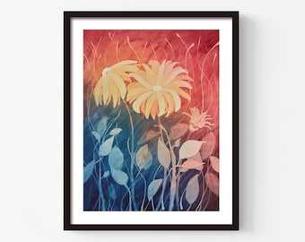 Art Print Of Original Floral Abstract Painting in Red and Blue, Large Colourful Picture of Flowers, Bright Nature Wall Hanging