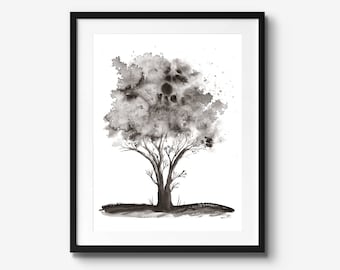 Tree Painting in Black and White, Fine Art Print from Original Watercolour Artwork, Large Wall Hangings, Living Room Decor