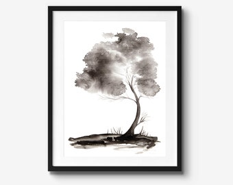 Abstract Tree Painting in Black and White, Monochrome Fine Art Print from Original Watercolour Artwork, Large Wall Hangings, Picture Poster