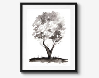 Tree Painting in Black and White, Fine Art Print from Original Watercolour Artwork, Large Wall Hangings, Living Room Decor