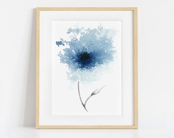 Floral Painting Original Artwork, Print in Blue, Abstract Modern Flower Navy Watercolour Art Prints, Dark Blue Large Wall Art Home decor