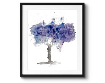 Blue and Purple Abstract Tree Painting, Nature Poster Print, Shades of Blue Original Watercolour Artwork, Modern Art for Wall Hangings