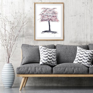Impresión de pintura de árbol de obra de arte original en tonos rojos, impresiones abstractas de acuarela de bosque otoñal, hojas de otoño, arte de pared grande, decoración del hogar