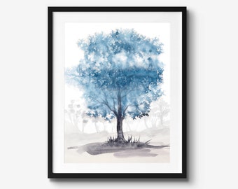 Tree Painting in Blue, Print of Original Watercolour Artwork, Navy Poster Print Nature Wall Art, Large Home Decor Wall Hanging