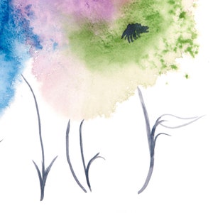 May include: Watercolor painting of a stylized flower with blue, pink, green, and yellow colors. The flower has a black silhouette of a bird inside. The background is white with black lines resembling stems.