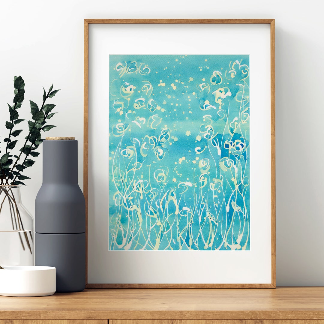 Abstract Floral Painting in Blue and Green, Print of Original Turquoise ...