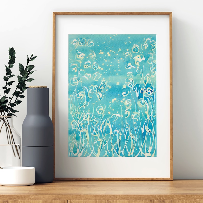 Abstract Floral Painting in Blue and Green, Print of Original Turquoise ...