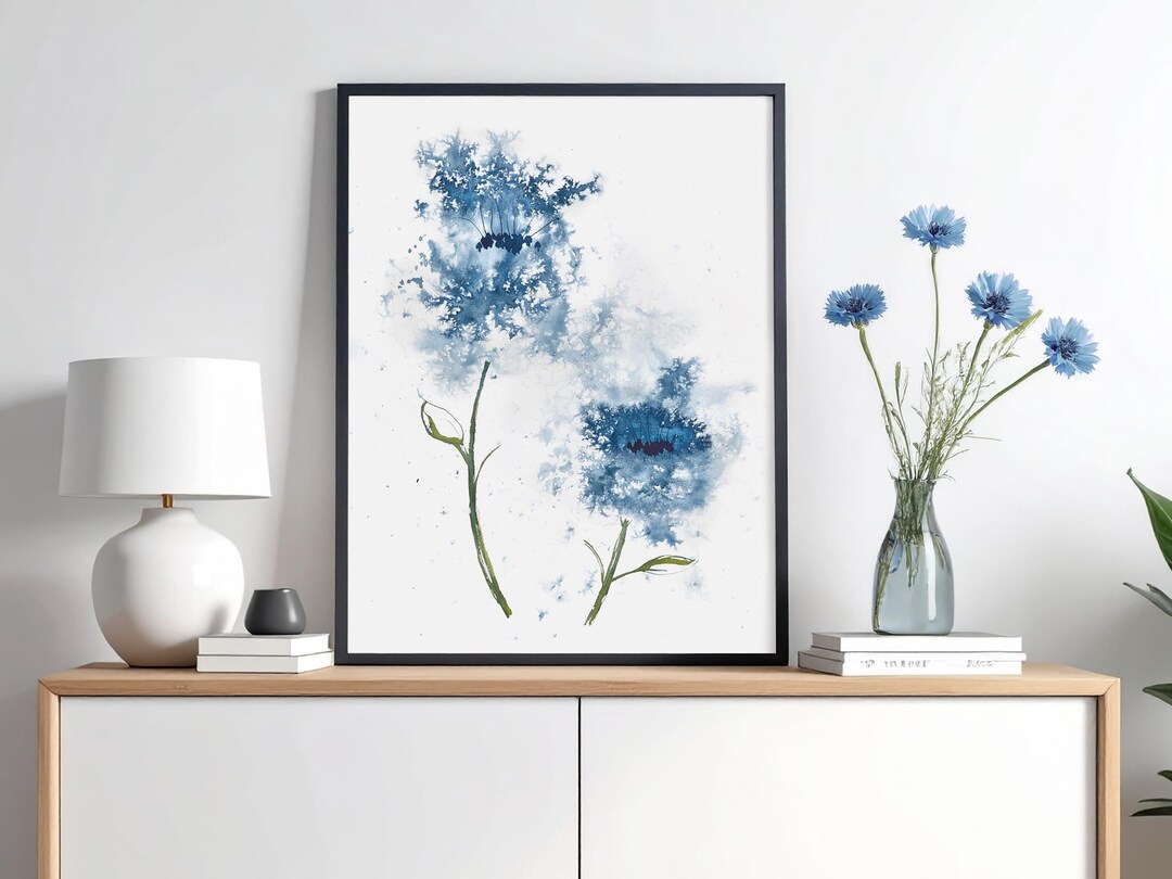 Abstract Floral Print: Navy Blue Botanical Watercolor Art - Etsy