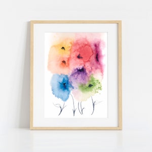 May include: A framed watercolor painting of a bouquet of colorful flowers. The flowers are painted in shades of red, orange, yellow, green, blue, and purple. The flowers are surrounded by a white background.