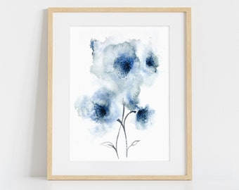 Floral Painting in Blue, Print of Original Artwork, Abstract Navy Flowers, Watercolour Art Prints, Dark Blue Large Wall Art Home decor