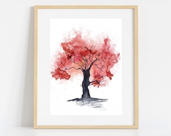 Tree Painting Print of Original Artwork in Red, Abstract Autumn Forest Watercolour Art Prints, Fall Leaves Large Wall Art Home decor