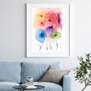 May include: Watercolor painting of abstract flowers in shades of pink, red, yellow, blue, green, and purple. The flowers are painted in a loose, flowing style, and the background is white.