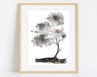 Black and White Painting with Red, Print of Original Watercolour Tree Painting, Poster Print Nature Wall Art, Large Home Decor Wall Hangings