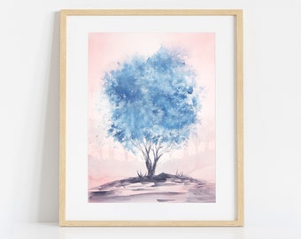 Tree Painting in Blue, Print of Original Watercolour Artwork, Soft Pink Pastel Poster Print Nature Wall Art, Large Home Decor Wall Hanging,