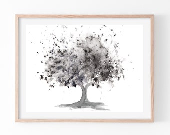 Black and White Abstract Tree Poster Print, Watercolour Fine Art Print, Original Wall Art, Landscape Large Wall Hanging, Nature Prints