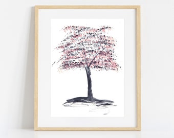 Tree Painting Print of Original Artwork in Shades of Red, Abstract Autumn Forest Watercolour Prints, Fall Leaves Large Wall Art Home decor