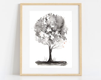Black and White Painting with Red, Print of Original Watercolour Tree Painting, Poster Print Nature Wall Art, Large Home Decor Wall Hangings