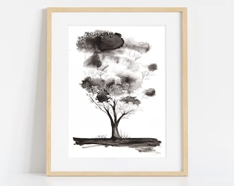 Abstract Tree Painting in Black and White, Monochrome Fine Art Print from Original Watercolour Artwork, Large Wall Hangings, Room Decor