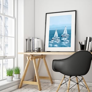 Pintura abstrata de iates marinhos, impressão de arte original de veleiros, decoração de parede azul para casa, decoração de parede com imagem de barcos, impressão de pôster grande