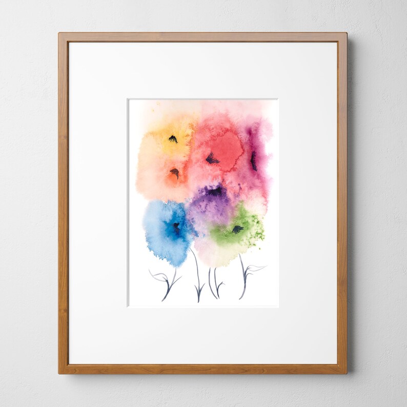 May include: A framed watercolor painting of colorful flowers with a white background. The flowers are painted in shades of yellow, orange, red, pink, purple, blue, and green.
