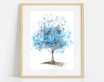 Watercolour Painting in Blue, Print of Original Tree Painting, Poster Print Nature Wall Art, Large Home Decor Wall Hanging, Abstract Art