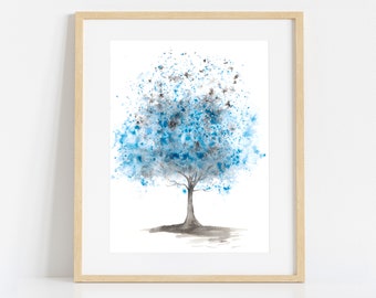 Aquarell Malerei in Blau, Druck von Original Baum Gemälde, Poster Druck Natur Wandkunst, Große Wohnkultur Wandbehang, abstrakte Kunst