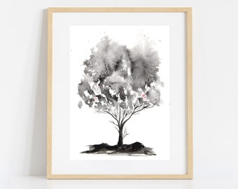 Print of Original Black and White Tree Painting with Red Leaves, Nature Poster Print, Large Home Decor Wall Hangings, Monochrome Picture