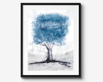 Tree Painting in Blue, Print of Original Watercolour Artwork, Navy Poster Print Nature Wall Art, Large Home Decor Wall Hanging