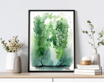 Grüner Wald Baum Kunstdruck: Cottagecore Botanisches Aquarell