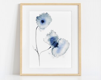Floral Painting in Blue, Print of Original Artwork, Abstract Navy Flowers, Watercolour Art Prints, Dark Blue Large Wall Art Home decor
