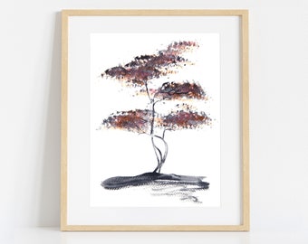 Print of Original Black and White Tree Painting with Red and Orange Tones, Nature Poster Print, Large Home Decor Wall Hangings, Monochrome