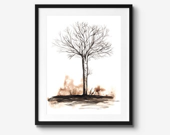 Black and White Abstract Tree Painting, Giclee Print from Original Watercolour Artwork, Modern Art for Wall Hangings, Living Room Decor