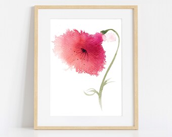Print of Abstract Flower Painting in Red, Fine Art Print of Original Watercolour, Floral Red Images Artwork, Contemporary Modern Walls