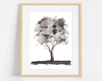 Black and White Abstract Tree Painting, Giclee Print from Original Watercolour Artwork, Modern Art for Wall Hangings, Living Room Decor